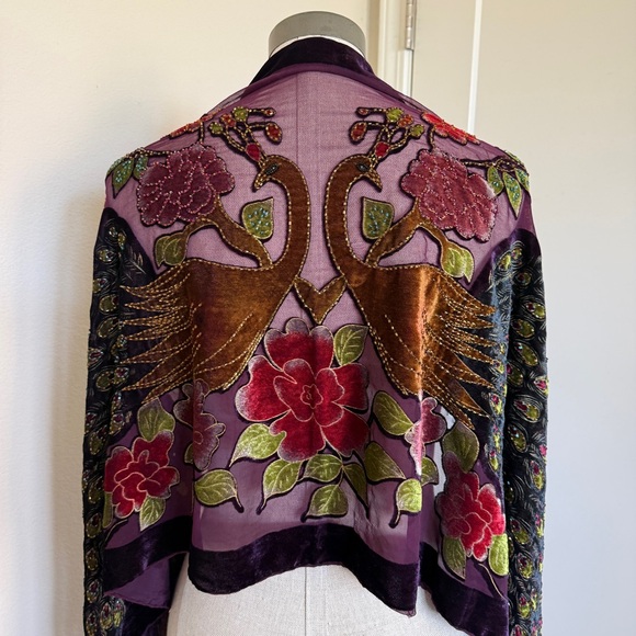 QiCai Silk Accessories - 🪻SOLD🪻Vintage NWT Beaded and Velvet Peacock embroidered purple shawl with fringe